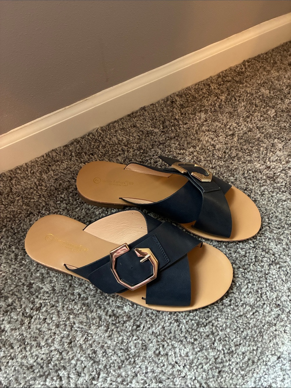 Henry Ferrera Black Slide Sandals with Gold Hex Buckle